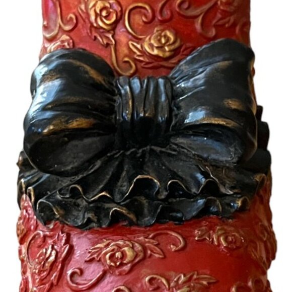 RARE! Vtg Ornate Red Plaster Shoe Planter Frilly Black Bow, Roses & Gold Accents - Picture 7 of 15